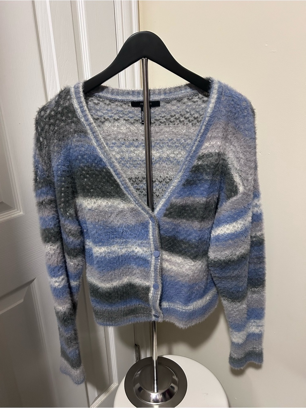 Forever 21 Blue & Gray Striped Fuzzy V-Neck Cardigan